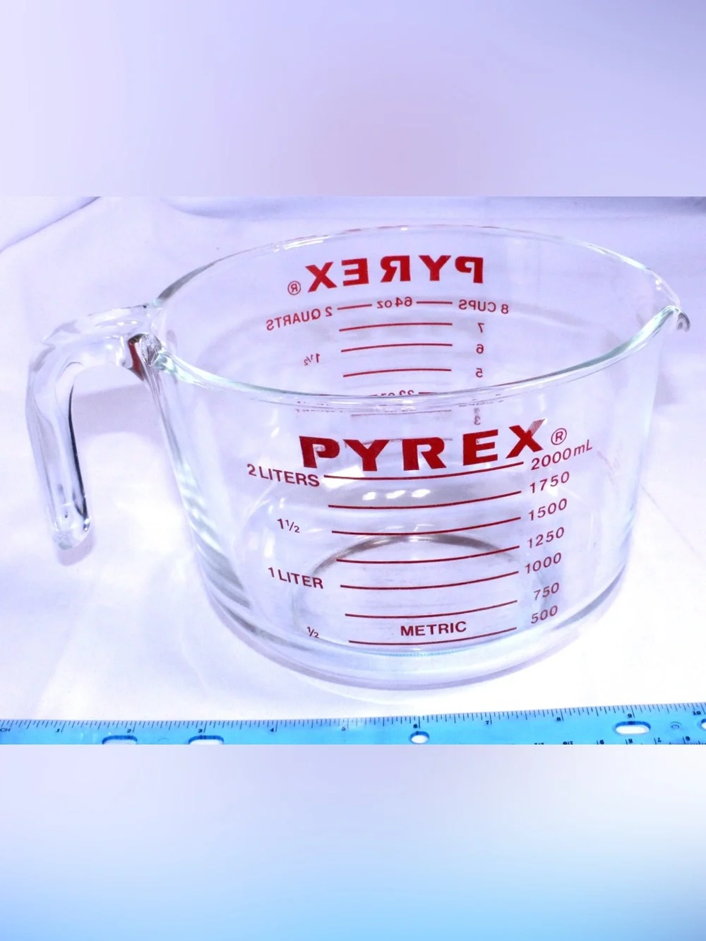 Vintage PYREX Clear Glass Mixing Bowl with Red Measurement Markings - 8 cups